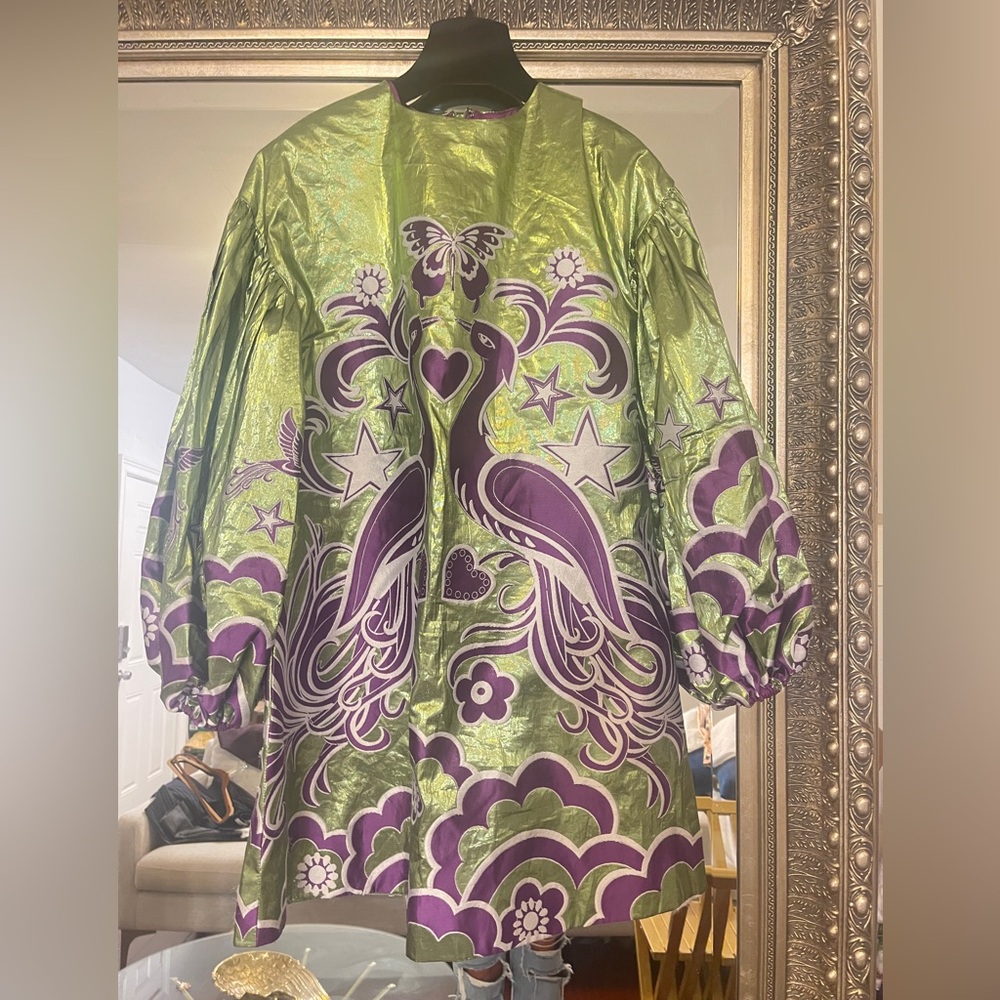 Valentino,  Green and Purple Peacock Patterned Dress